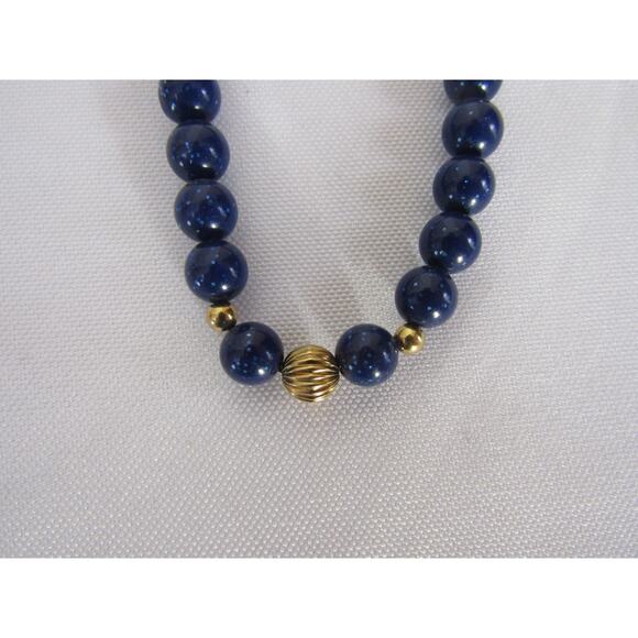 Blue Round Gemstone Beaded Gold Tone Necklace Long 32" Whimsical Minimalist Oval - Picture 3 of 5